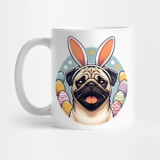 Pug Celebrates Easter with Bunny Ears and Colorful Eggs Mug